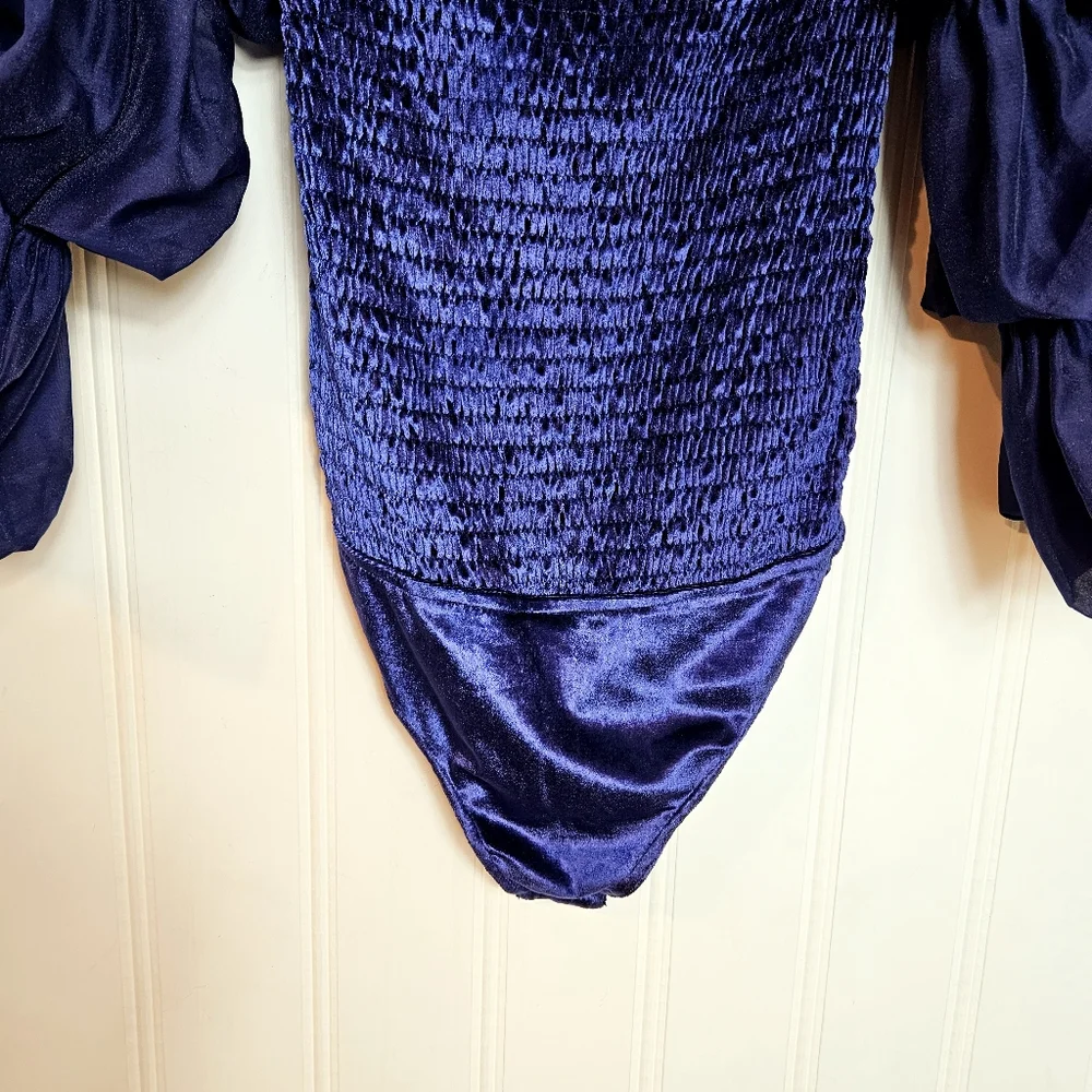 Free People Bodysuit Sz S Girls Just Wanna Velvet Smocked Puff Sleeve Navy Marin